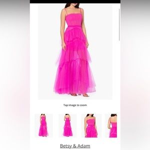 Betsy & Adam Illusion Tiered Ruffle Tulle Square Neck Mesh Sleeveless Gown Pink
